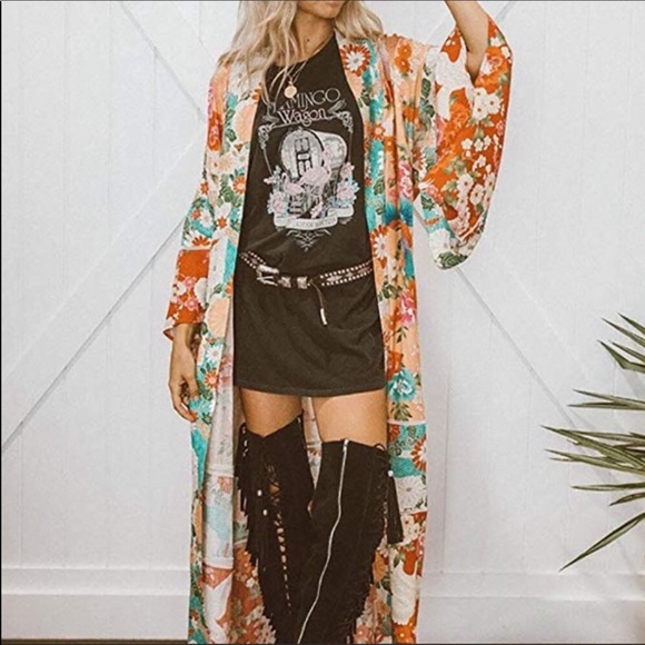 Floral Boho Long Kimono Duster Coverup Robe - Picture 8 of 8